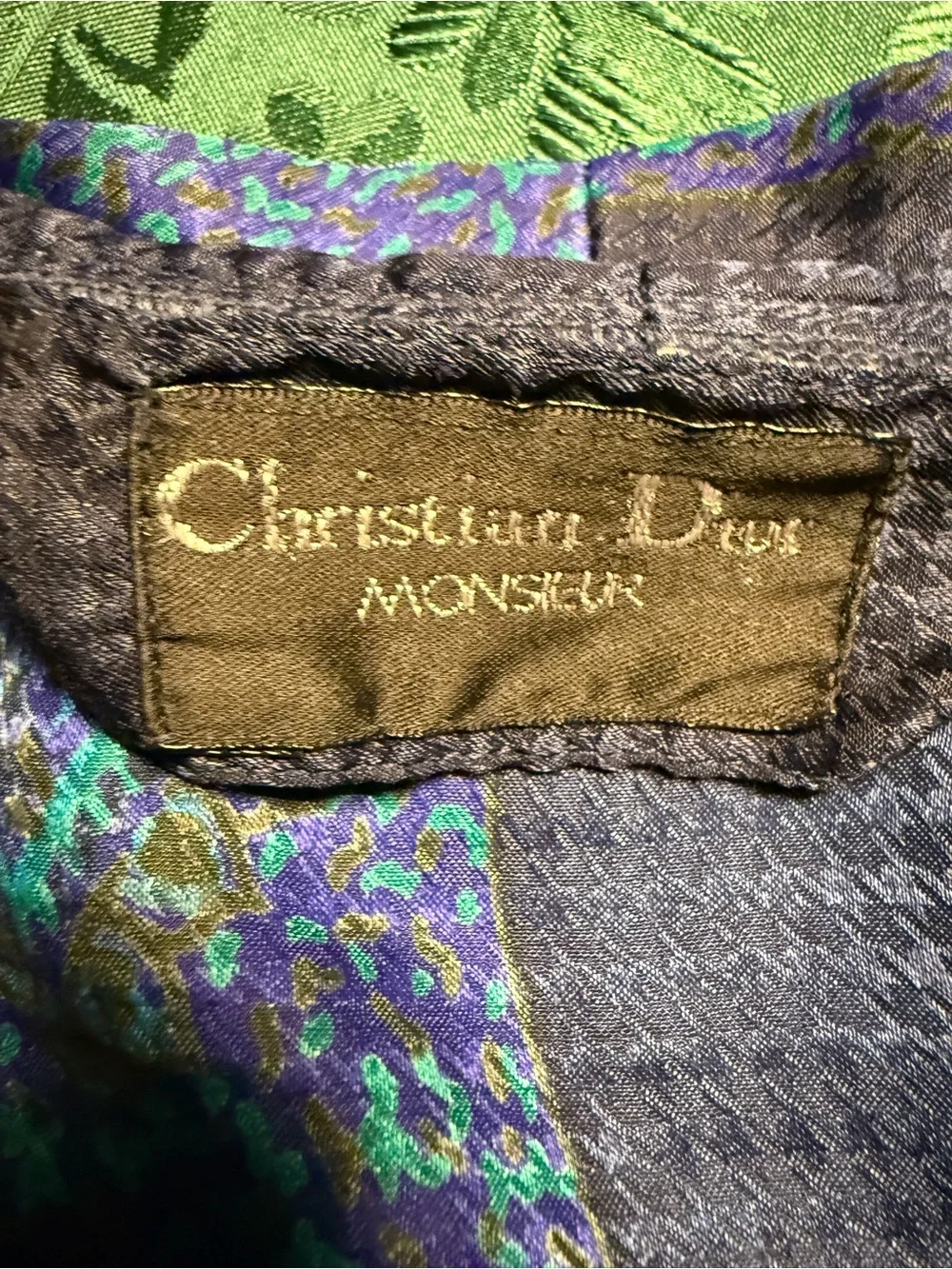 Christian Dior men’s robe one size navy green & blue peacock pattern geometric